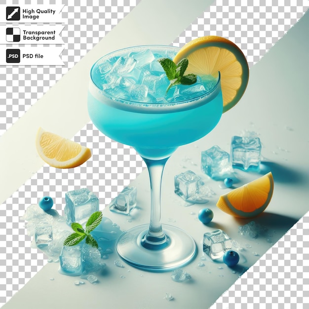 PSD psd blue cocktail with ice in glass on transparent background with editable mask layer