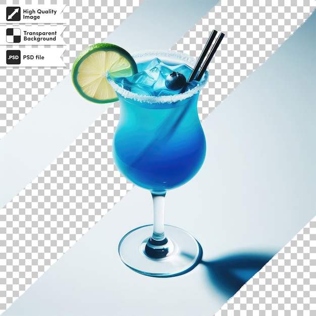 Cocktail blu psd con ghiaccio in vetro su sfondo trasparente con strato di maschera modificabile