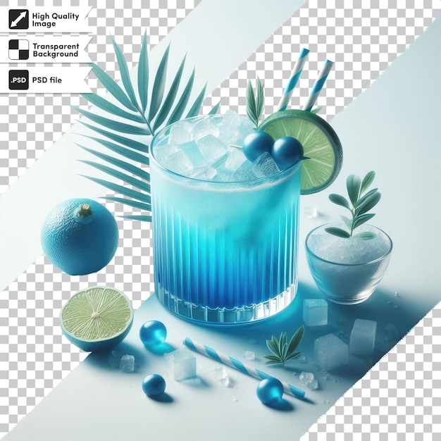 Cocktail blu psd con ghiaccio in vetro su sfondo trasparente con strato di maschera modificabile