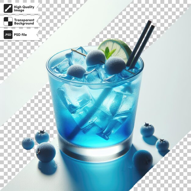 PSD psd blue cocktail with ice in glass on transparent background with editable mask layer