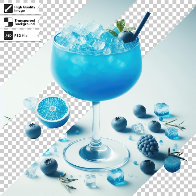 PSD psd blue cocktail with ice in glass on transparent background with editable mask layer