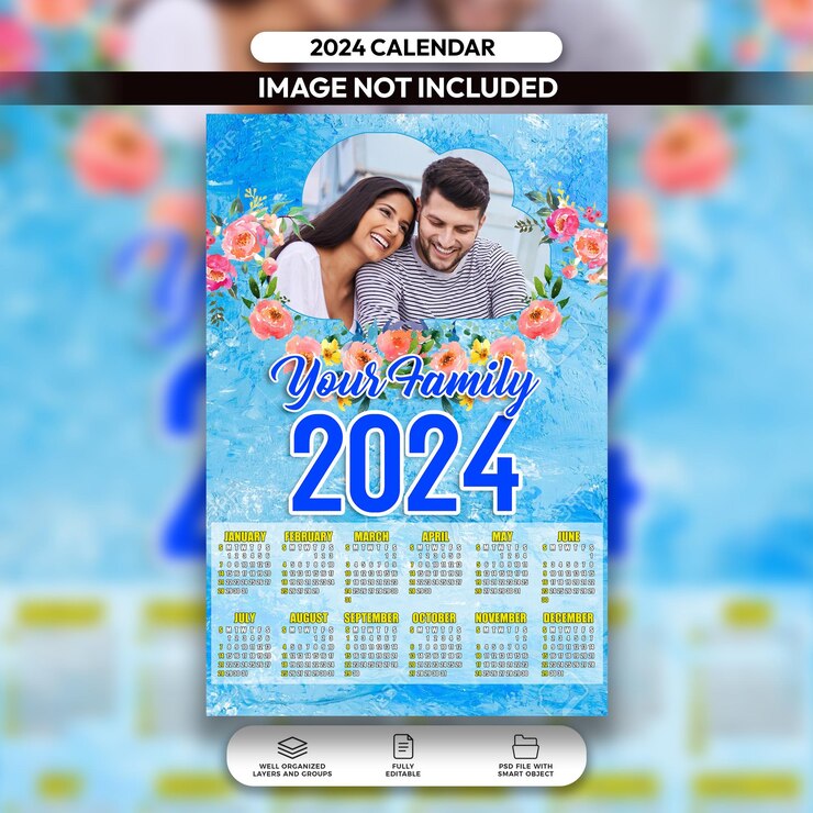 PSD psd blue floral cute family calendar design 2024 layout template