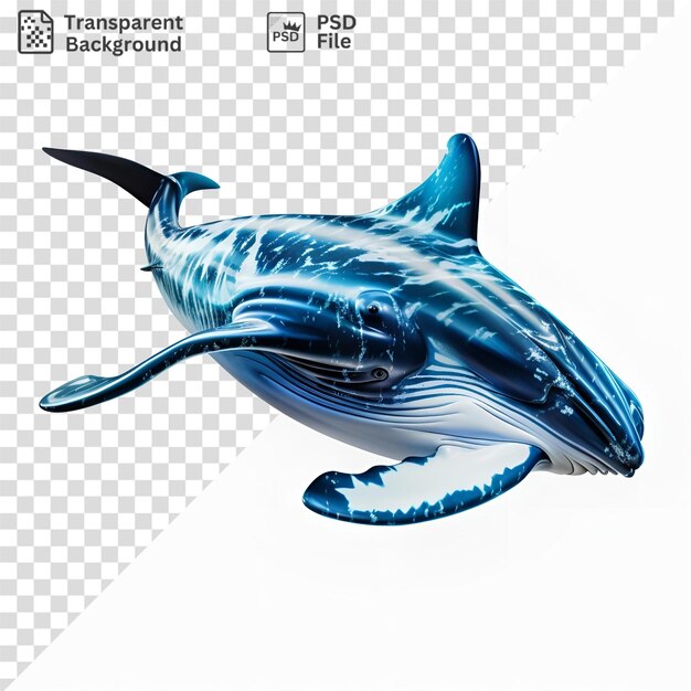PSD a psd a blue whale figurine with a black and blue tail a blue head and a black and blue eye accompanied by a blue fin the figurine is