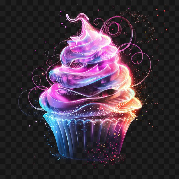 PSD psd błyszczących elektrycznych cupcakes z frosting swirling i t y2k glow neon outline design