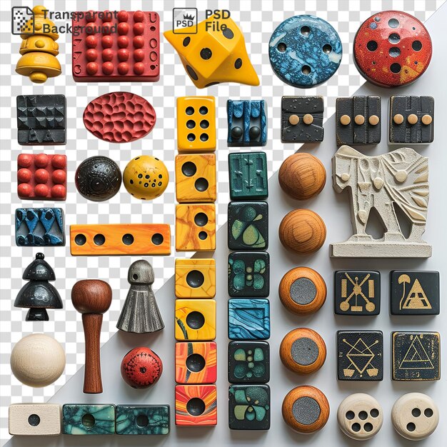 PSD psd bordspellen collectie set met een verscheidenheid aan vormen en maten, waaronder een ronde bal een bruine bal en een bruine en houten lepel weergegeven op een transparante achtergrond