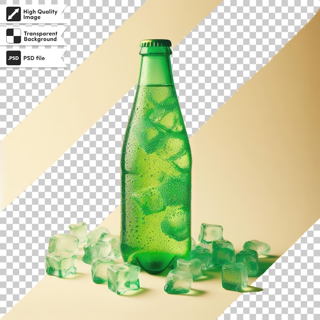 PSD psd bottle of lemonade and ice cubes on transparent background