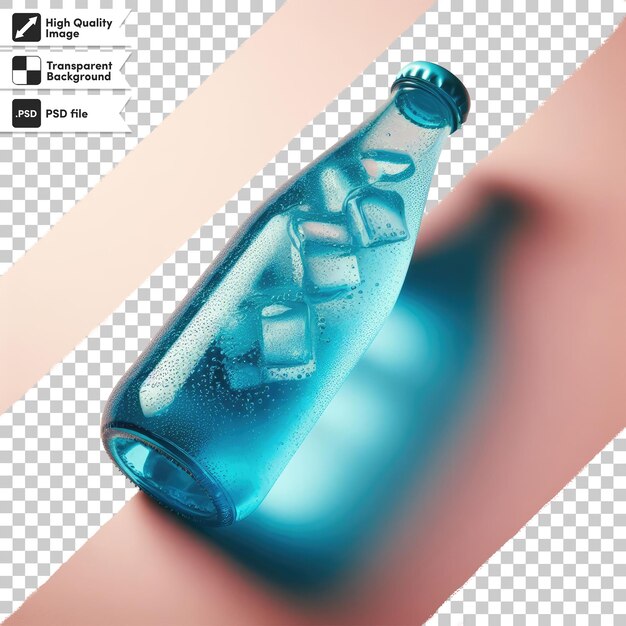 Psd bottle of lemonade and ice cubes on transparent background