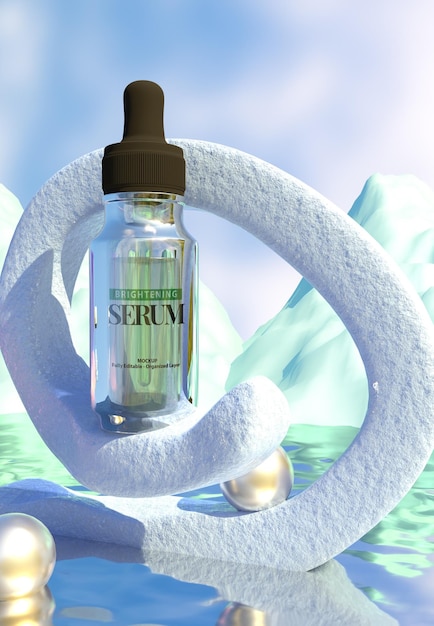 PSD psd a bottle of serum placed on a hookshaped rock on a white and blue background
