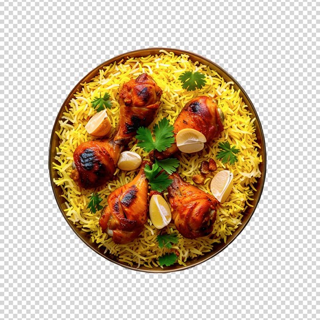 Psd a bowl of biryani with chicken pieces top view isolated on a transparent background