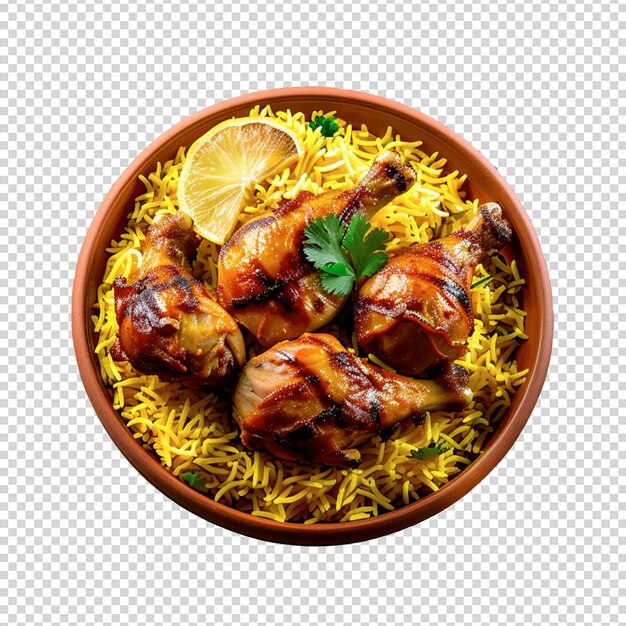 PSD psd a bowl of biryani with chicken pieces top view isolated on a transparent background