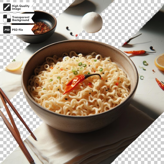 Psd bowl of noodles with vegetables and chicken on transparent background with editable mask layer