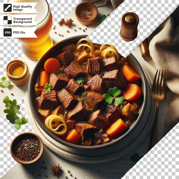 PSD 透明な背景にキノコと肉を入れた野菜スープのpsdボウル - 編集可能なマスクレイ