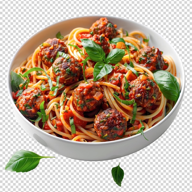 Psd bowl of spaghetti with meatballs and basil isolated on a transparent background