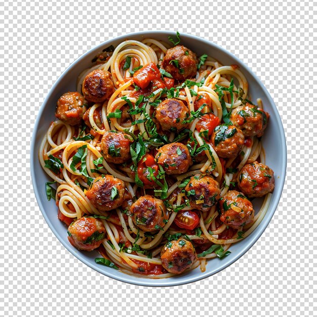 Psd bowl of spaghetti with meatballs and basil isolated on a transparent background