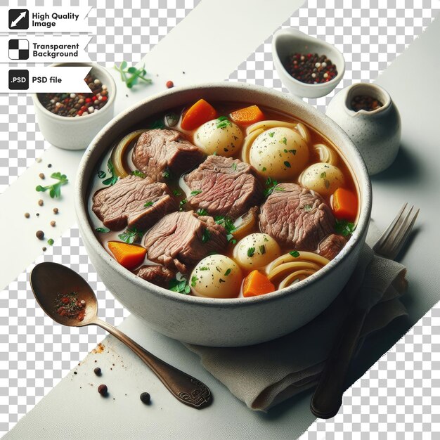 Ciotola psd di zuppa di verdure con funghi e carne su sfondo trasparente con maschera editable laye