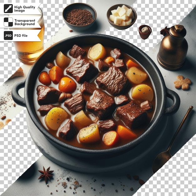 PSD psd bowl of vegetable soup with mushrooms and meat on transparent background with editable mask laye