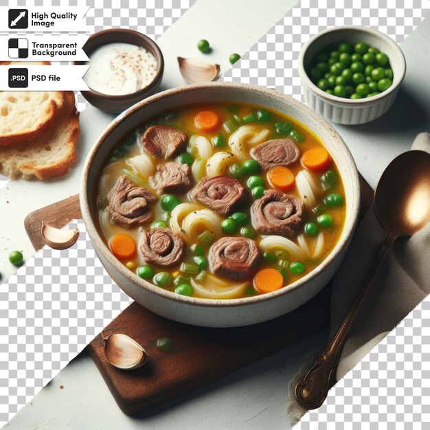 PSD psd bowl of vegetable soup with mushrooms and meat on transparent background with editable mask laye