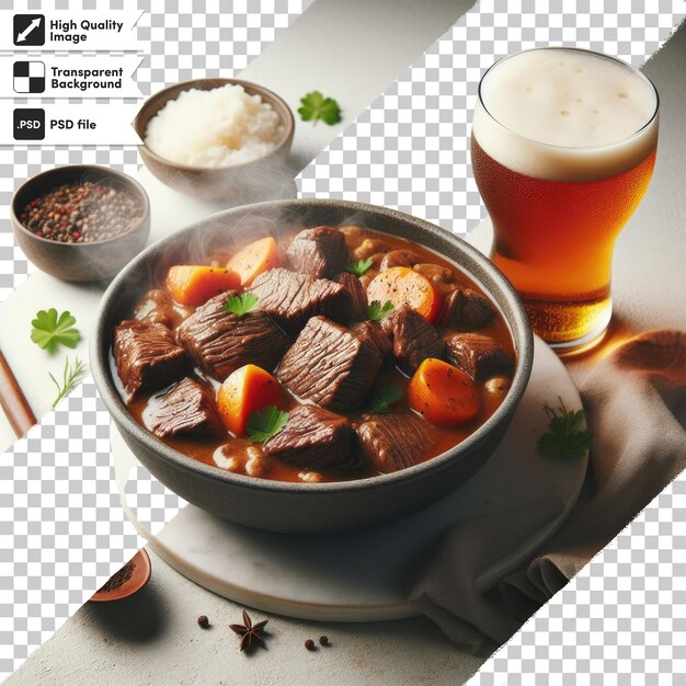 Psd bowl of vegetable soup with mushrooms and meat on transparent background with editable mask laye