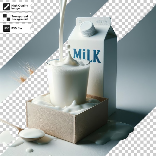 Psd box of milk and glass of milk on transparent background