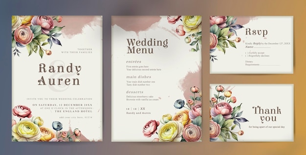 PSD psd bruiloft uitnodiging pakket sjabloon met elegante aquarel bloemen