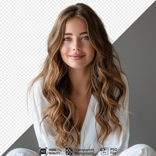 Psd brunet cheerful young woman beauty portrait perfect makeup long chic elegant hair model tests young cute girl in white shirt sitting on the floor png psd