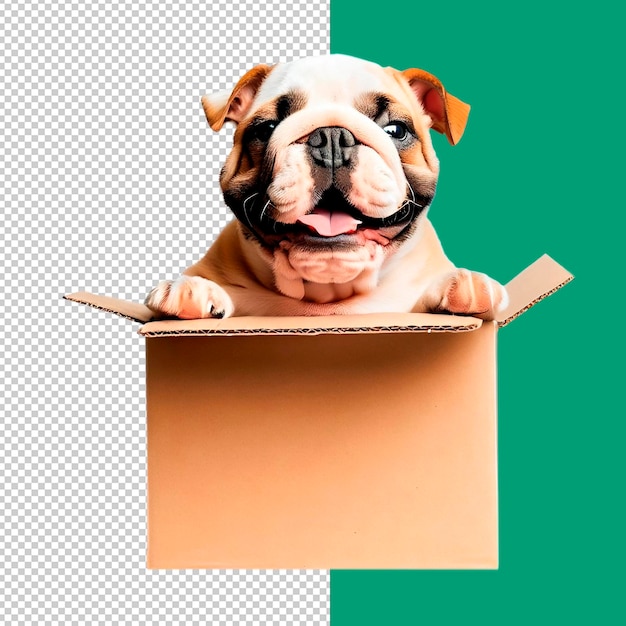 PSD bulldog in a box on a transparent background