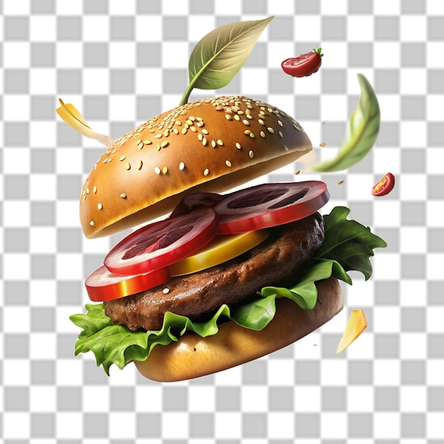 PSD psd of a burger with flying elements on transparent background