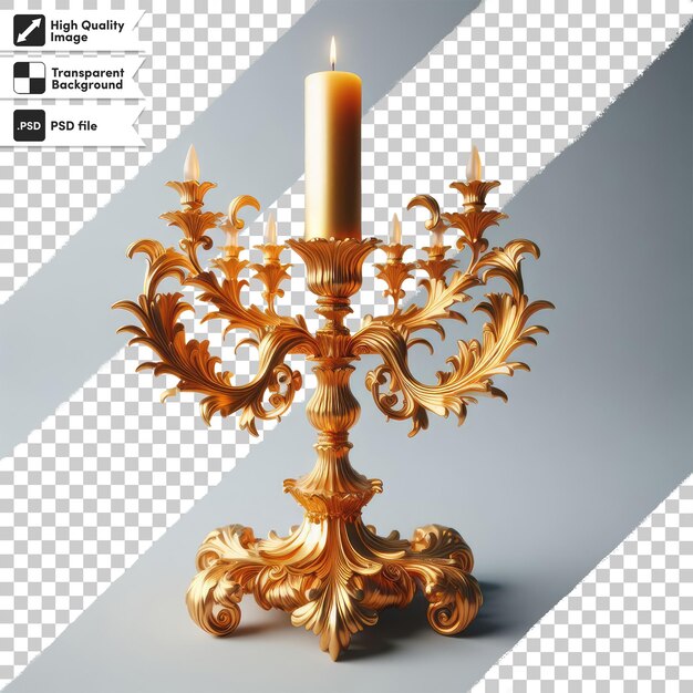 Psd burning golden candle in a candlestick on transparent background