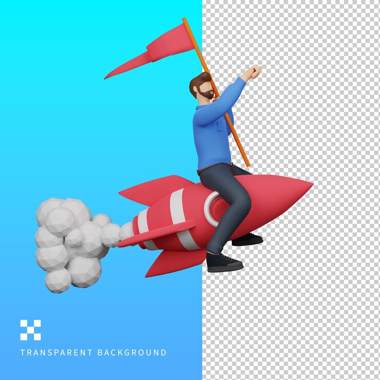 PSD psd business vliegt op een raket 3d illustratie