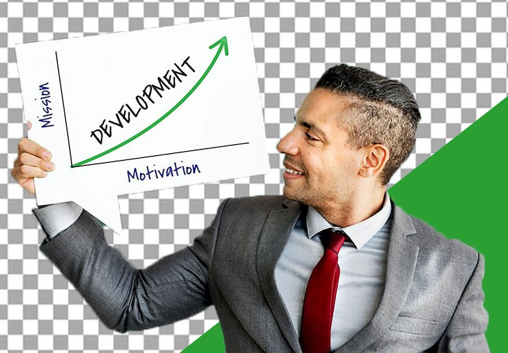 PSD psd businessman stands in front of a green arrow with transparent background