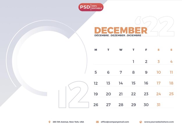 Psd calendar design december 2023