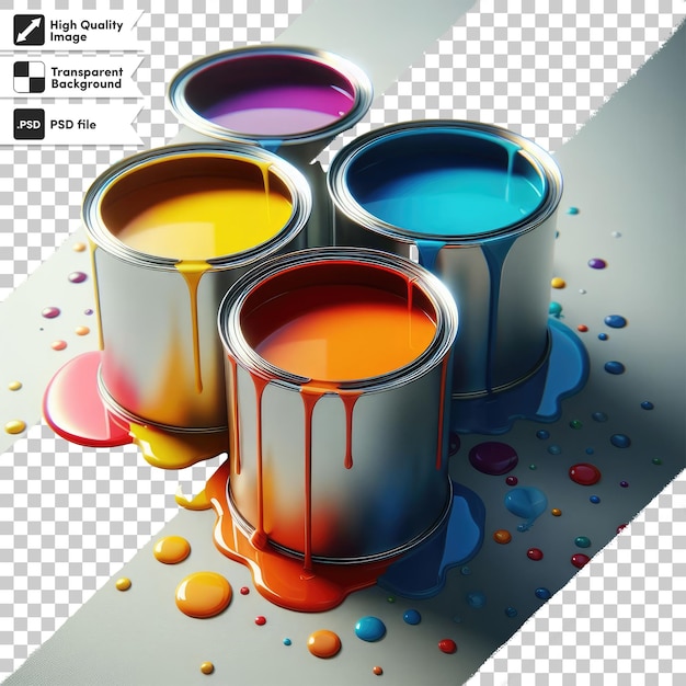 Psd cans of paint and brush on transparent background