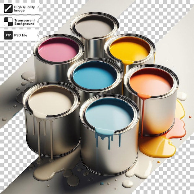 Psd cans of paint and brush on transparent background