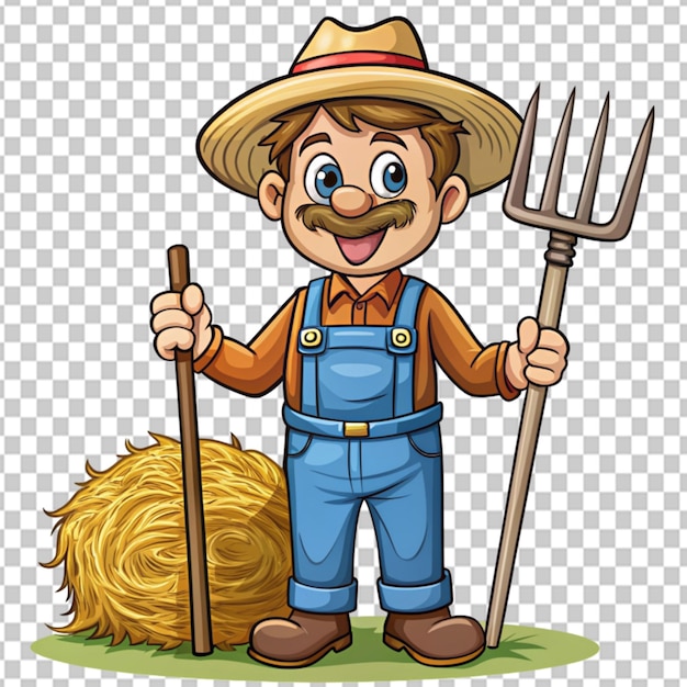 Psd of a cartoon farmer collecting hay with pitchfork on transparent background