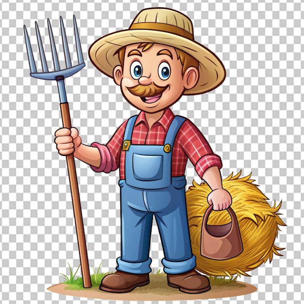 PSD psd of a cartoon farmer collecting hay with pitchfork on transparent background