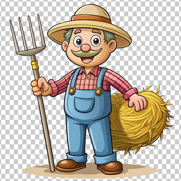 PSD psd of a cartoon farmer collecting hay with pitchfork on transparent background