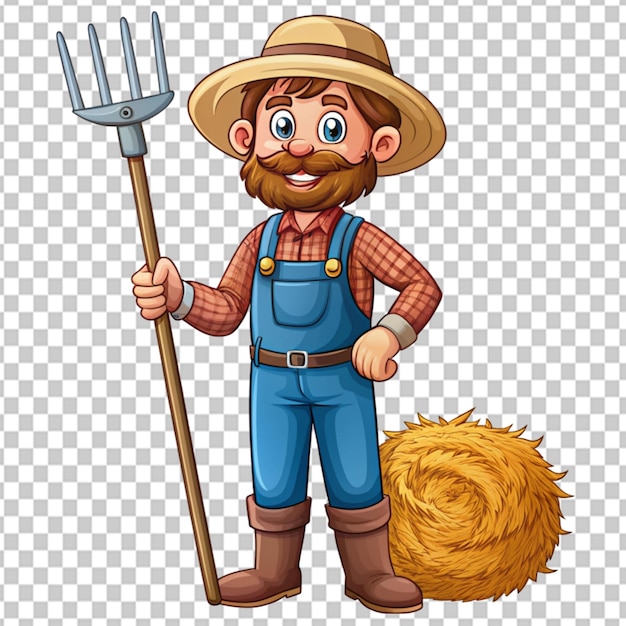 Psd of a cartoon farmer collecting hay with pitchfork on transparent background