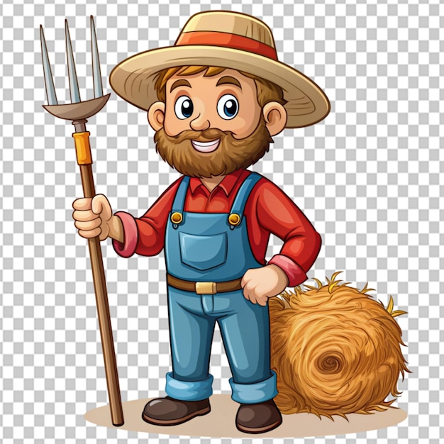 PSD psd of a cartoon farmer collecting hay with pitchfork on transparent background