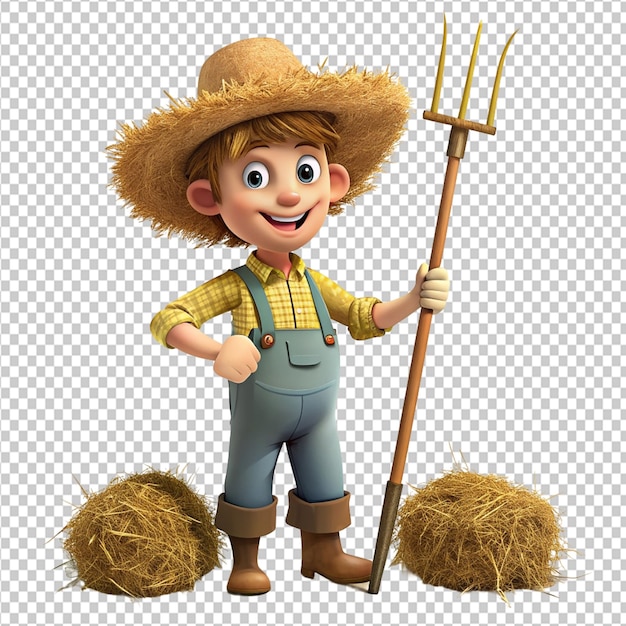 PSD psd of a cartoon farmer collecting hay with pitchfork on transparent background