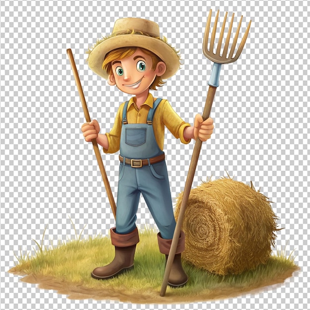 PSD psd of a cartoon farmer collecting hay with pitchfork on transparent background