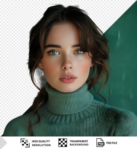 PSD psd casual young brunette woman wearing a marsh colored turtleneck close up