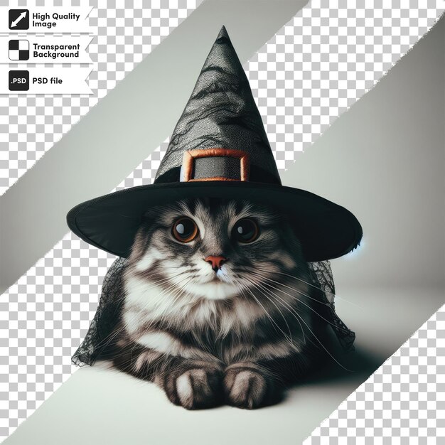 PSD psd cat in a black witch hat on transparent background