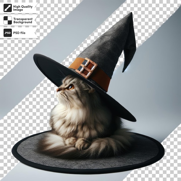 PSD psd cat in a black witch hat on transparent background