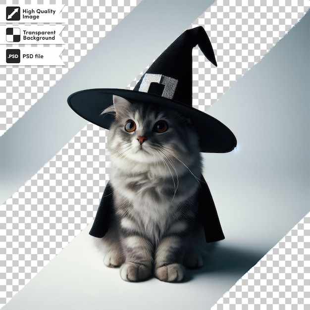 Psd cat in a black witch hat on transparent background