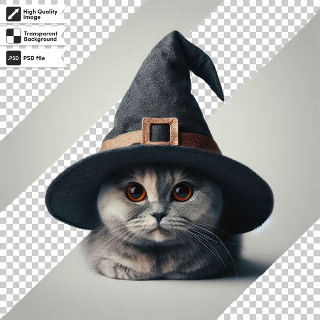 PSD psd cat in a black witch hat on transparent background