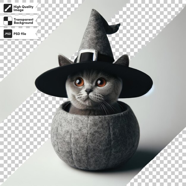 PSD psd cat in a black witch hat on transparent background