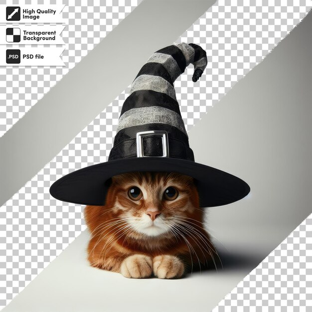 PSD psd cat in a black witch hat on transparent background