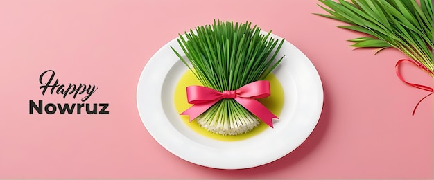 Psd празднуйте счастливый нооруз свежая и праздничная пшеничная трава тарелка, привязанная к красной ленте