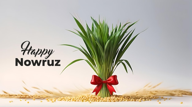 Psd celebrate happy nowruz fresh and festive wheatgrass a plate tied with a red ribbon