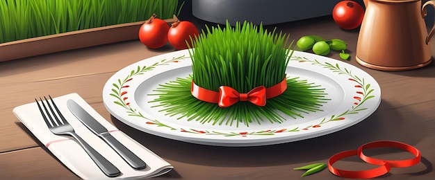 Psd celebrate happy nowruz fresh and festive wheatgrass un piatto legato con un nastro rosso